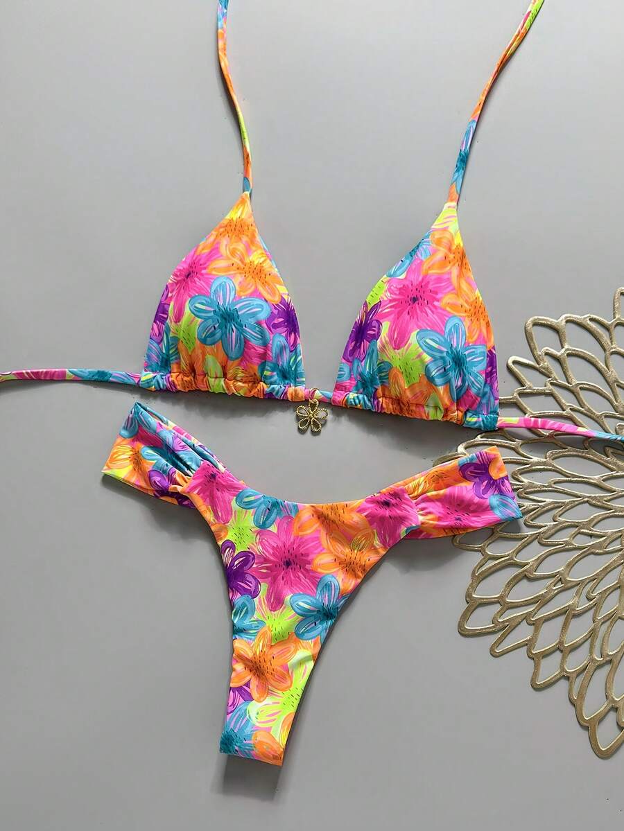 Women's 2-piece triangle cup bikini set in solid color featuring woven pearl shell decoration, halter neckline, and high-waist side-tie ruched bottoms.