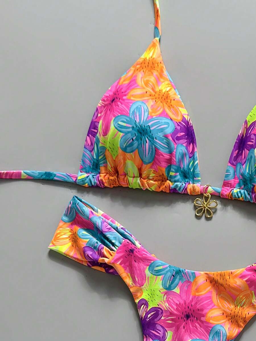 Women's 2-piece triangle cup bikini set in solid color featuring woven pearl shell decoration, halter neckline, and high-waist side-tie ruched bottoms.