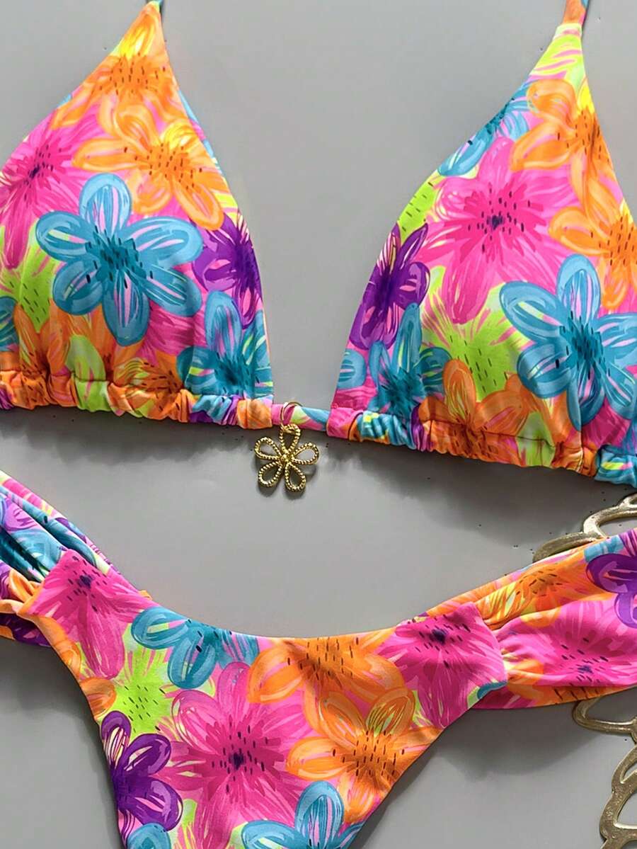 Women's 2-piece triangle cup bikini set in solid color featuring woven pearl shell decoration, halter neckline, and high-waist side-tie ruched bottoms.