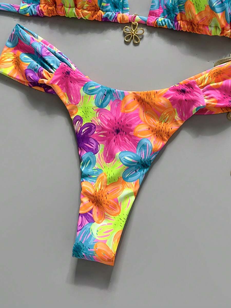 Women's 2-piece triangle cup bikini set in solid color featuring woven pearl shell decoration, halter neckline, and high-waist side-tie ruched bottoms.