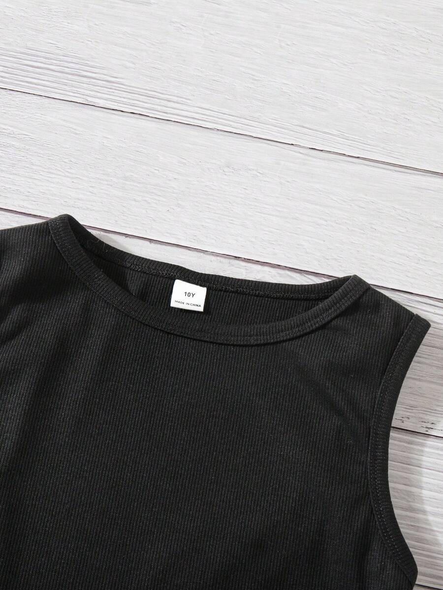 Tween girls black rib-knit round neck slim fit top and textured shorts casual summer set.