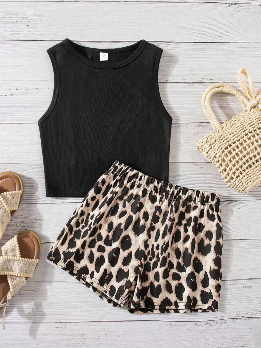 Tween girls black rib-knit round neck slim fit top and textured shorts casual summer set.