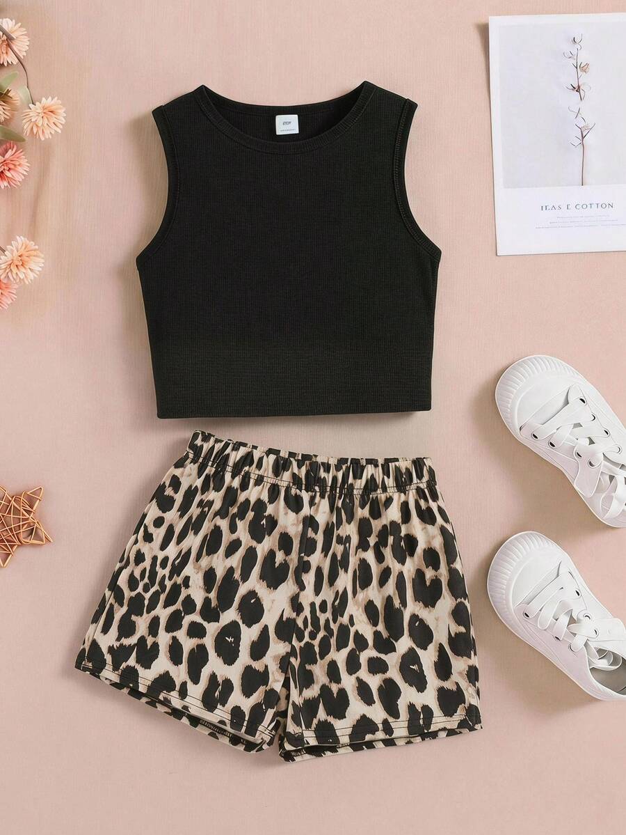 Tween girls black rib-knit round neck slim fit top and textured shorts casual summer set.