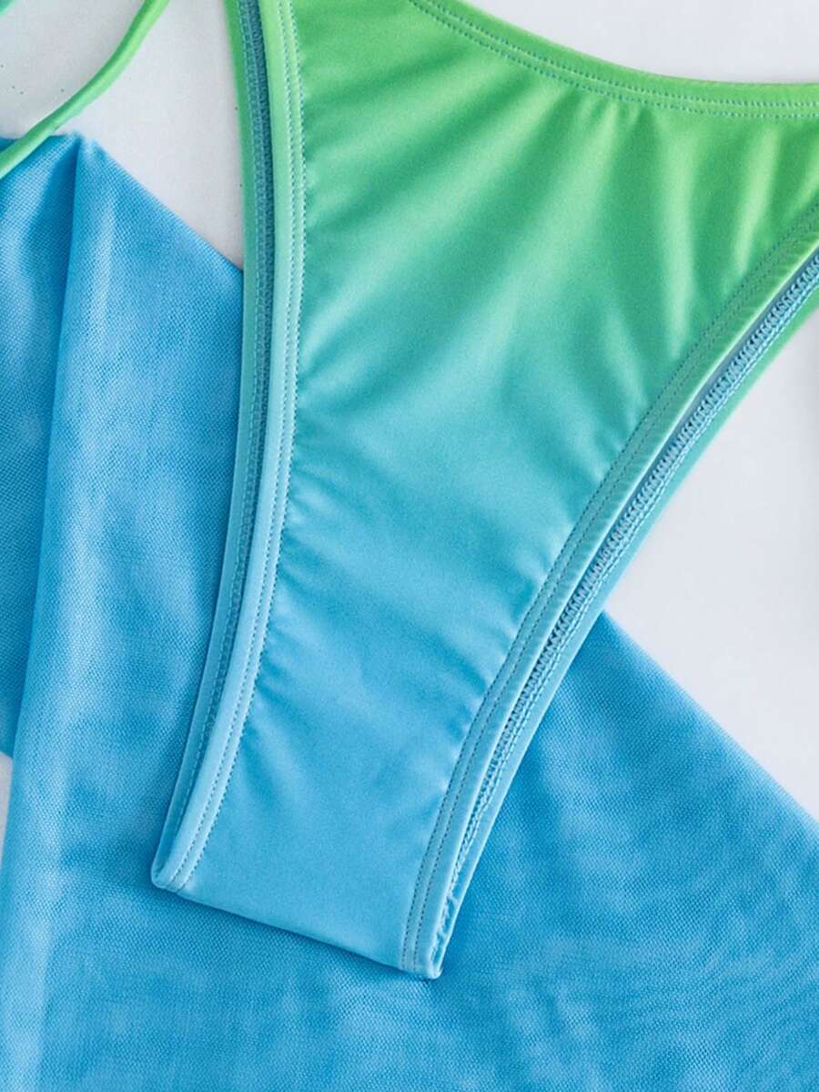 Women's 3-piece gradient bikini set featuring a green halter tie top with removable padding, low waist bottoms, and a matching sheer mesh skirt.
