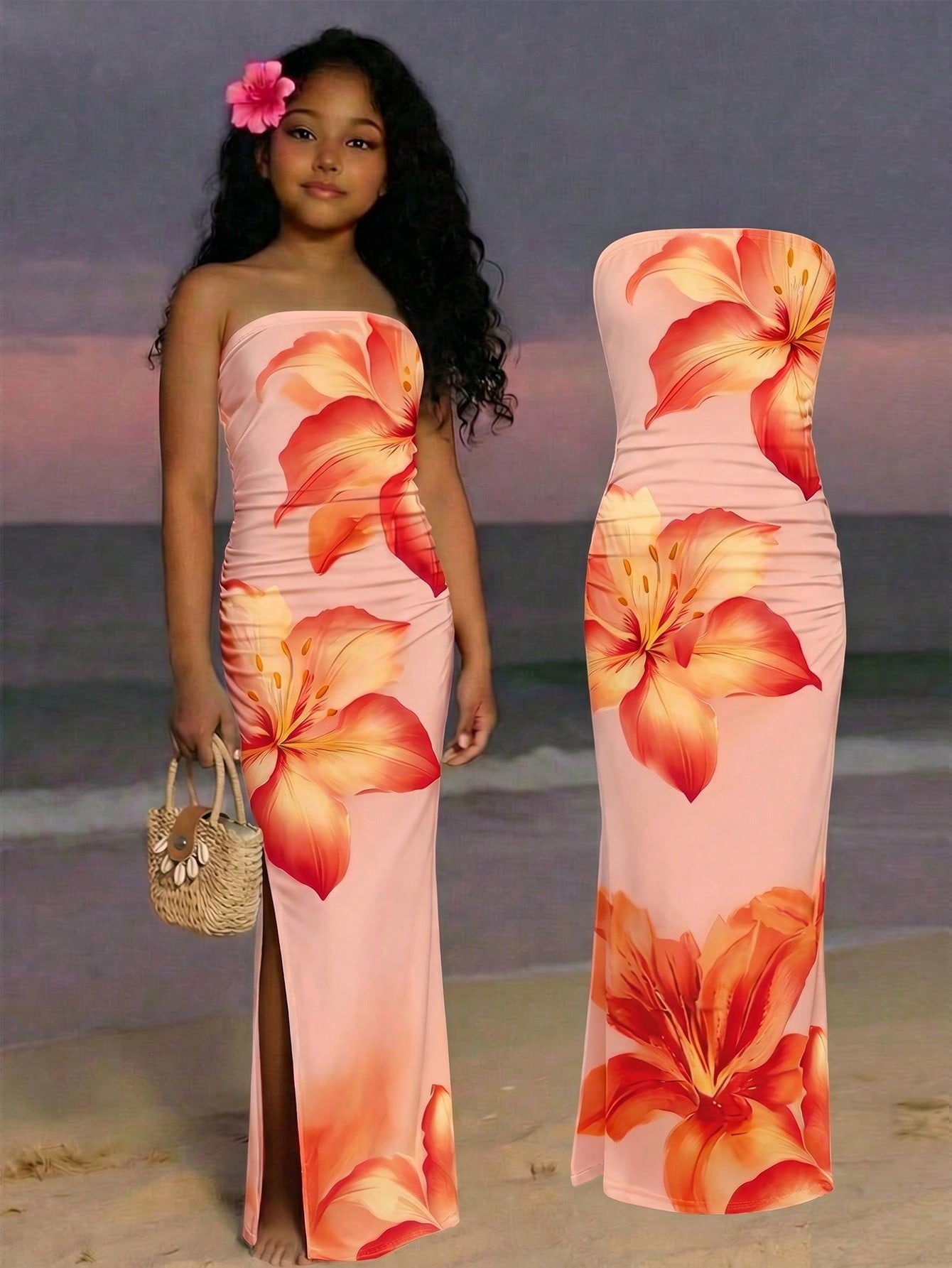 Tween girl sleeveless cami midi dress with strapless neckline, plant pattern, slim fit, natural waist, and slit hem in a multicolor vacation style.