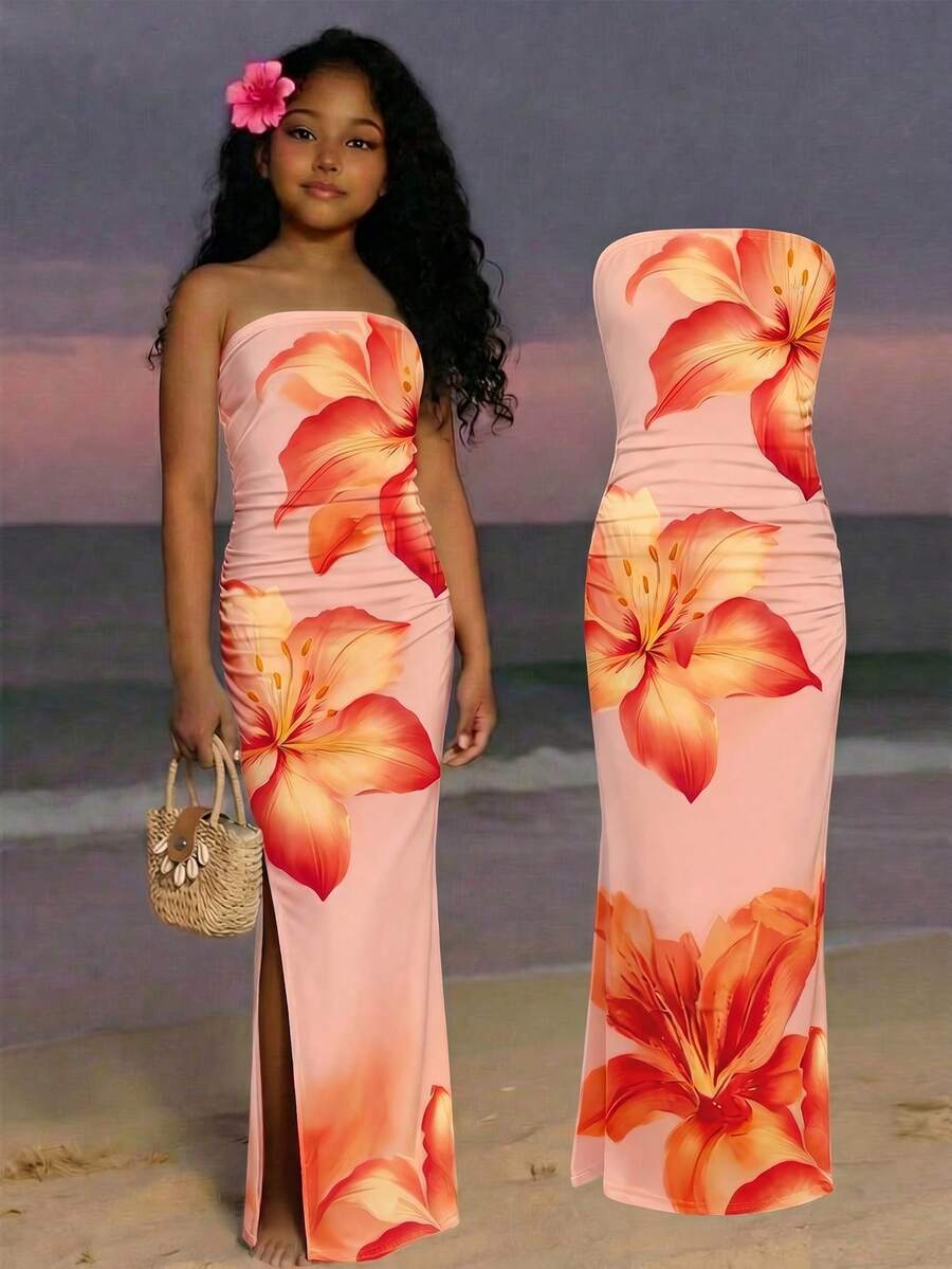 Tween girl sleeveless cami midi dress with strapless neckline, plant pattern, slim fit, natural waist, and slit hem in a multicolor vacation style.