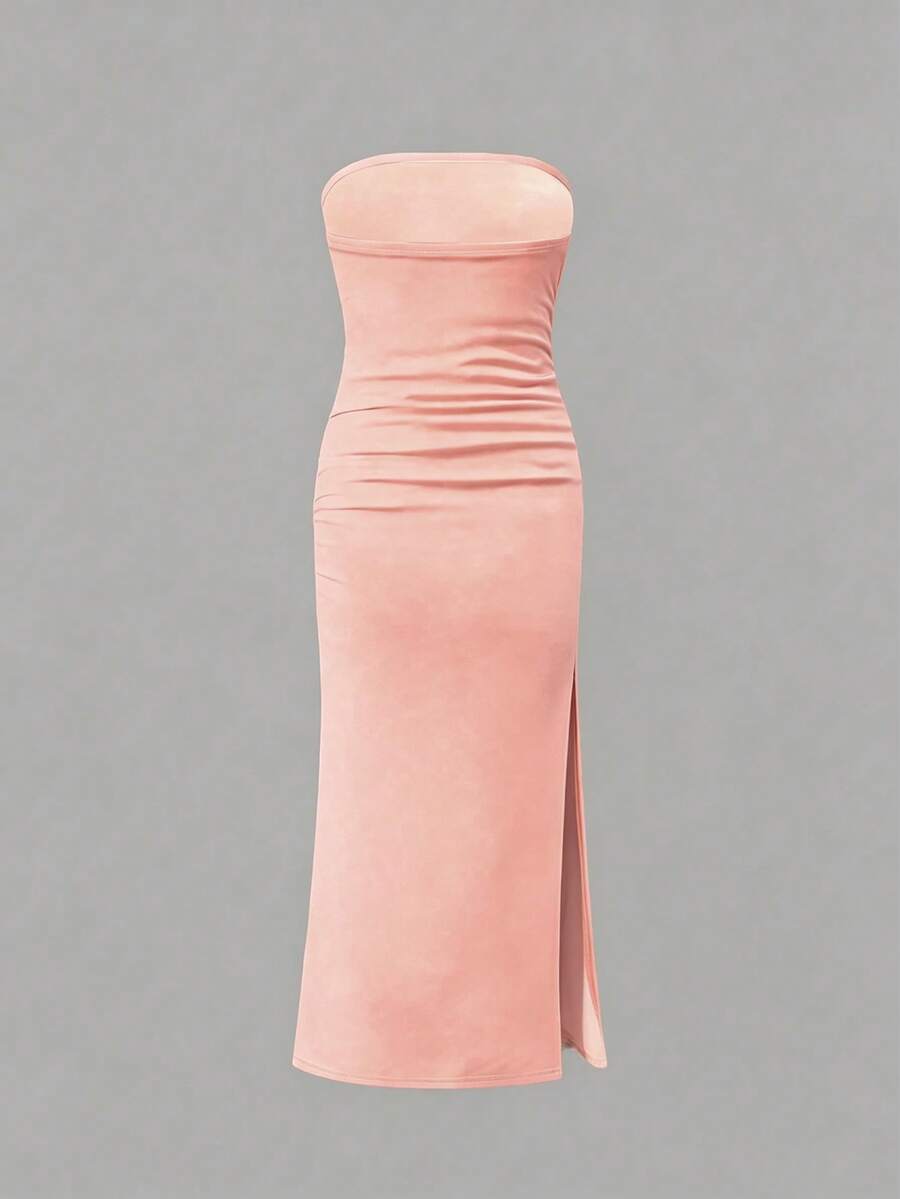 Tween girl sleeveless cami midi dress with strapless neckline, plant pattern, slim fit, natural waist, and slit hem in a multicolor vacation style.