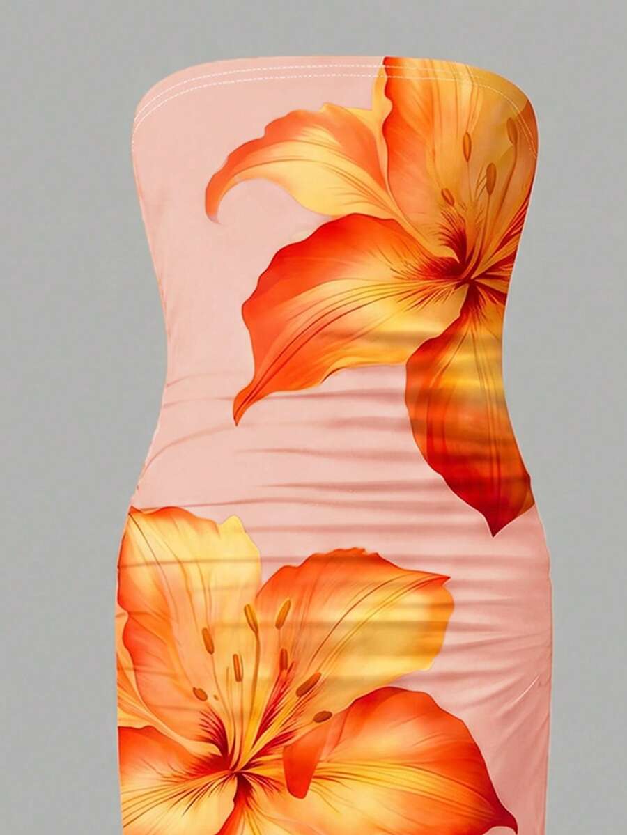 Tween girl sleeveless cami midi dress with strapless neckline, plant pattern, slim fit, natural waist, and slit hem in a multicolor vacation style.