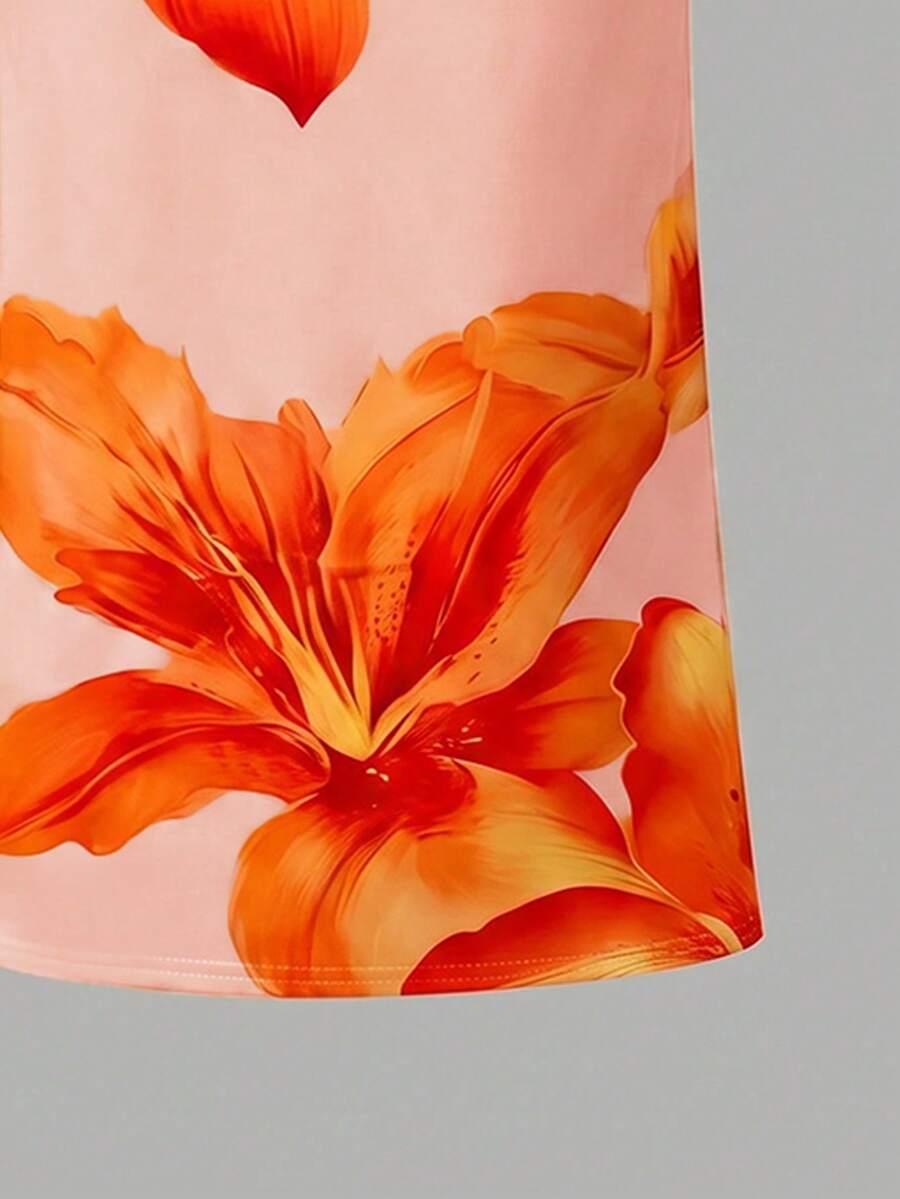 Tween girl sleeveless cami midi dress with strapless neckline, plant pattern, slim fit, natural waist, and slit hem in a multicolor vacation style.