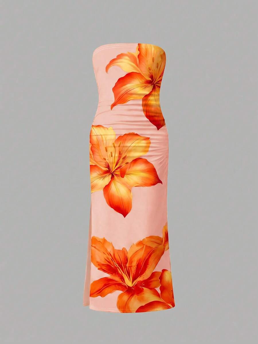 Tween girl sleeveless cami midi dress with strapless neckline, plant pattern, slim fit, natural waist, and slit hem in a multicolor vacation style.
