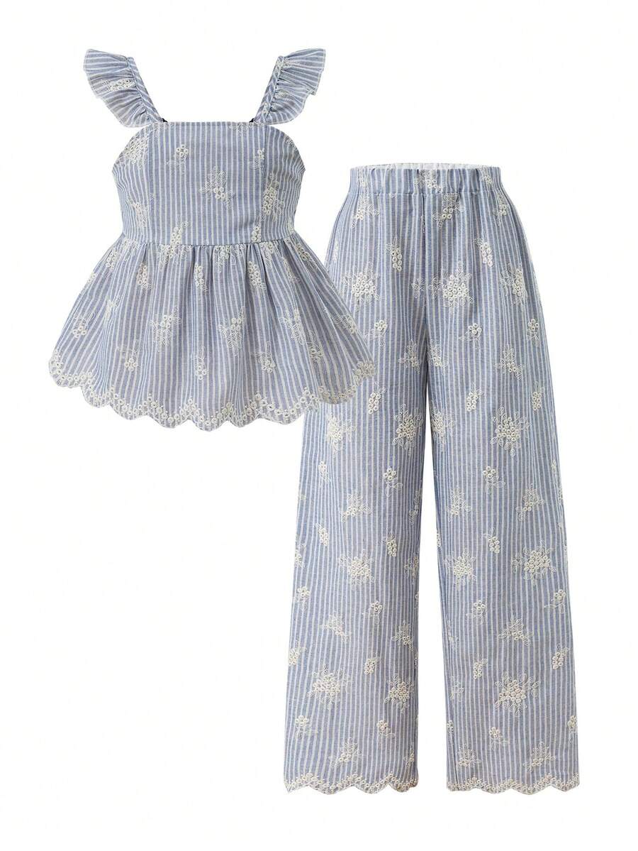 Tween girl wearing an apricot 2-piece outfit set featuring a shirred spaghetti strap short cami top and matching wide-leg long pants.