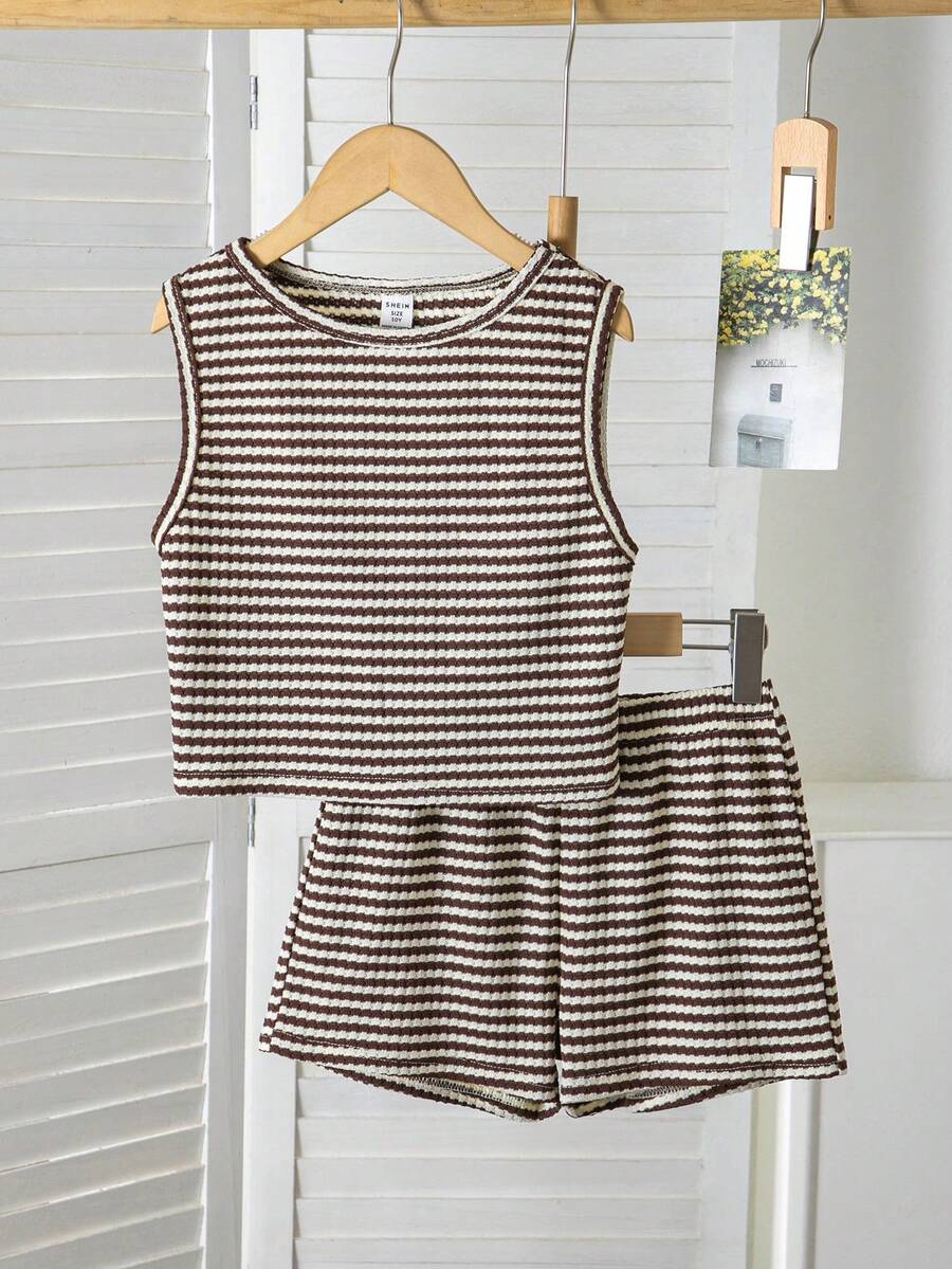 Tween girls black rib-knit round neck slim fit top and textured shorts casual summer set.