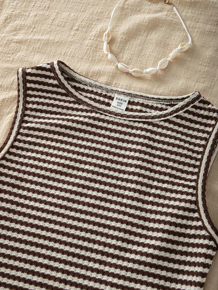 Tween girls black rib-knit round neck slim fit top and textured shorts casual summer set.