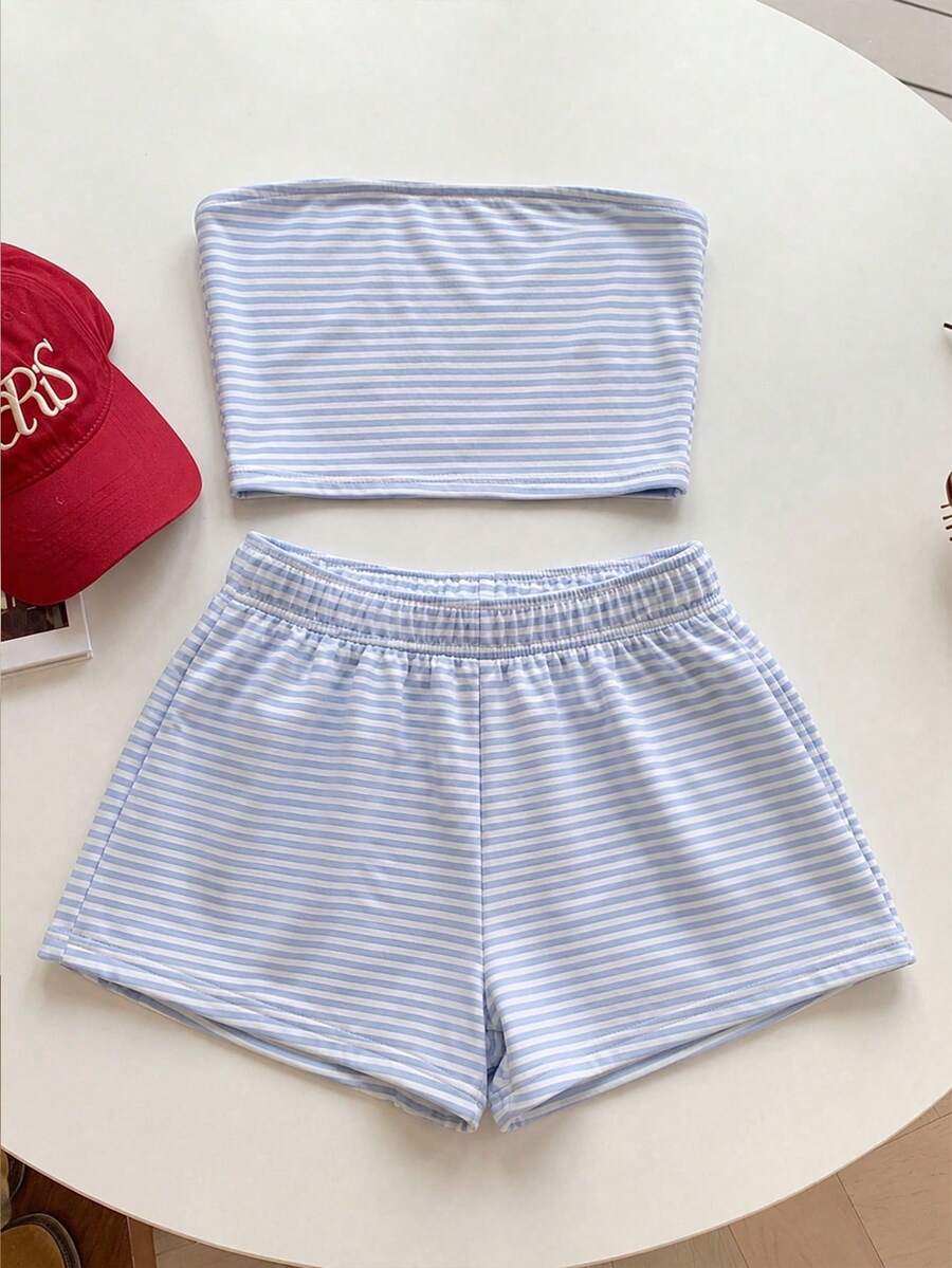Tween girls two-piece summer outfit featuring a brown strapless tube top with contrast pink tape accent and matching brown shorts with pockets.