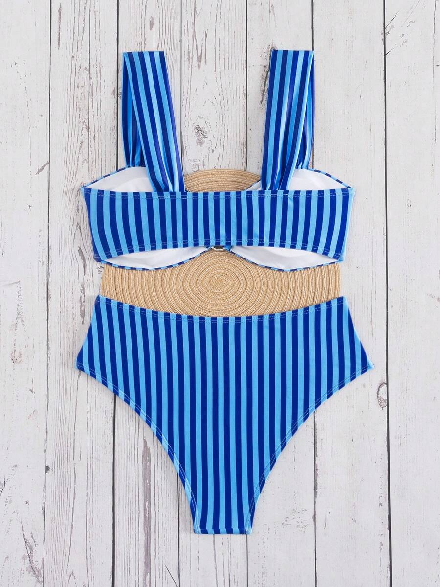 Springbreak black high waist bikini set for women featuring wireless bra top with ruffle lettuce trim and V-wired detail.