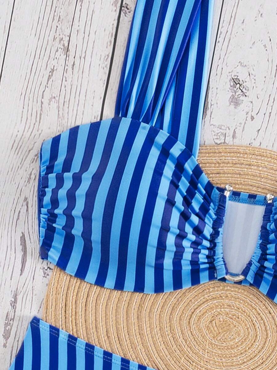 Springbreak black high waist bikini set for women featuring wireless bra top with ruffle lettuce trim and V-wired detail.