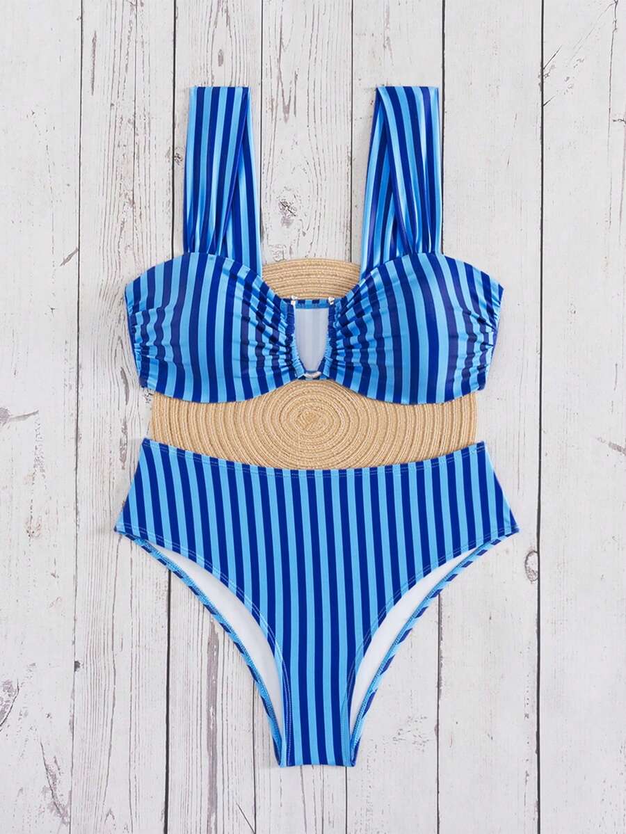 Springbreak black high waist bikini set for women featuring wireless bra top with ruffle lettuce trim and V-wired detail.