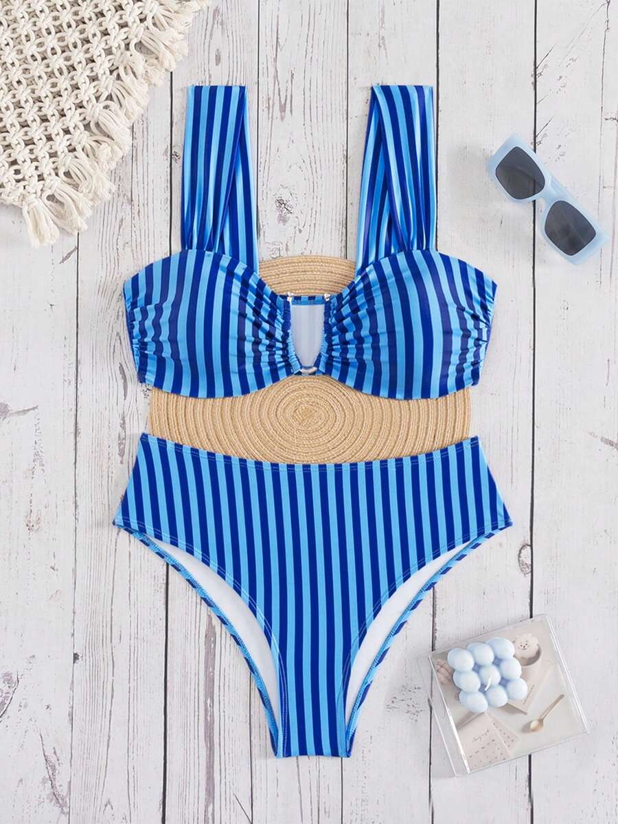 Springbreak black high waist bikini set for women featuring wireless bra top with ruffle lettuce trim and V-wired detail.