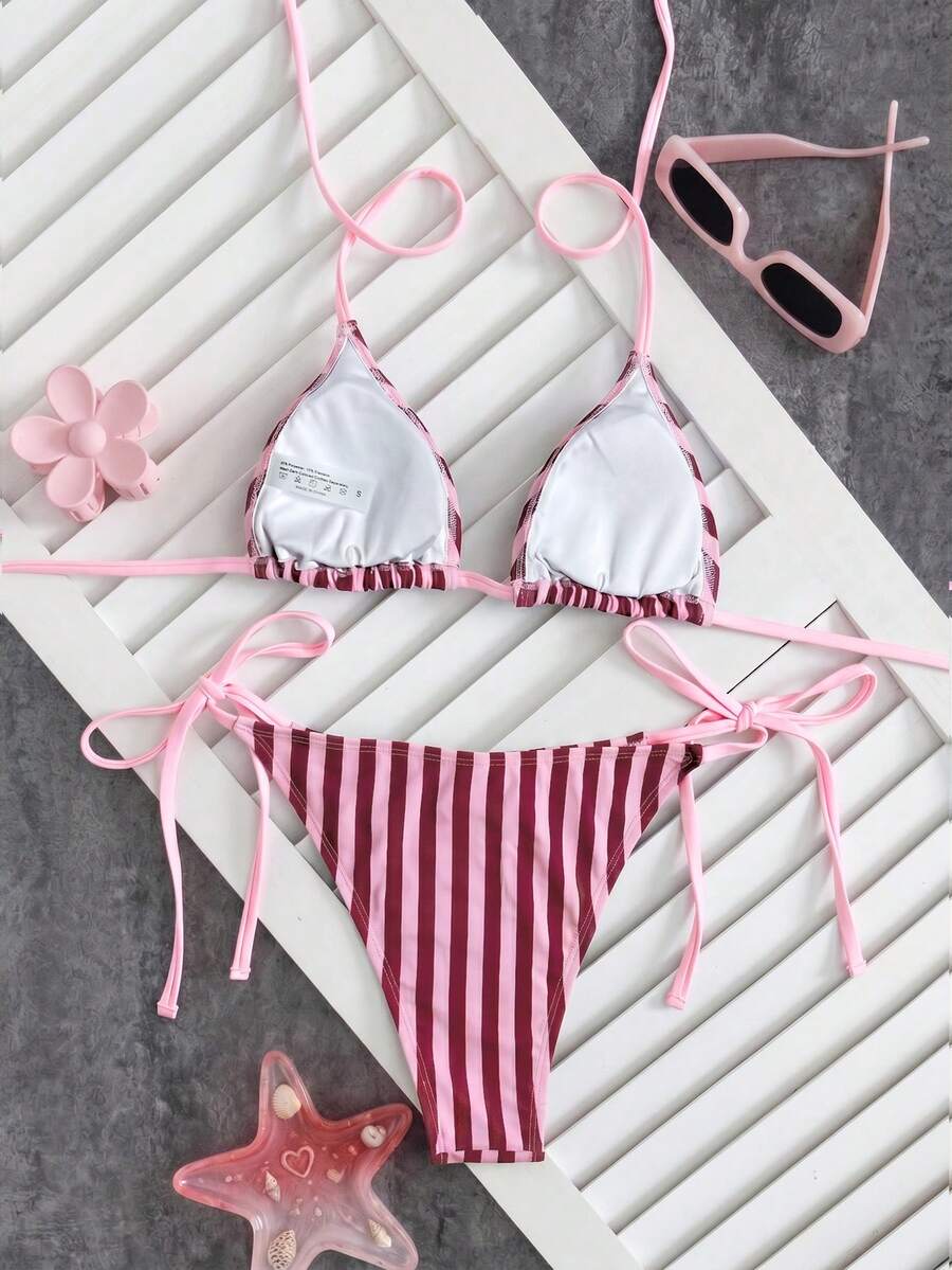Women's high waist 2-piece triangle bikini set featuring colorblock trim, halter neckline, wireless bra with removable padding, and tie-side bottoms.