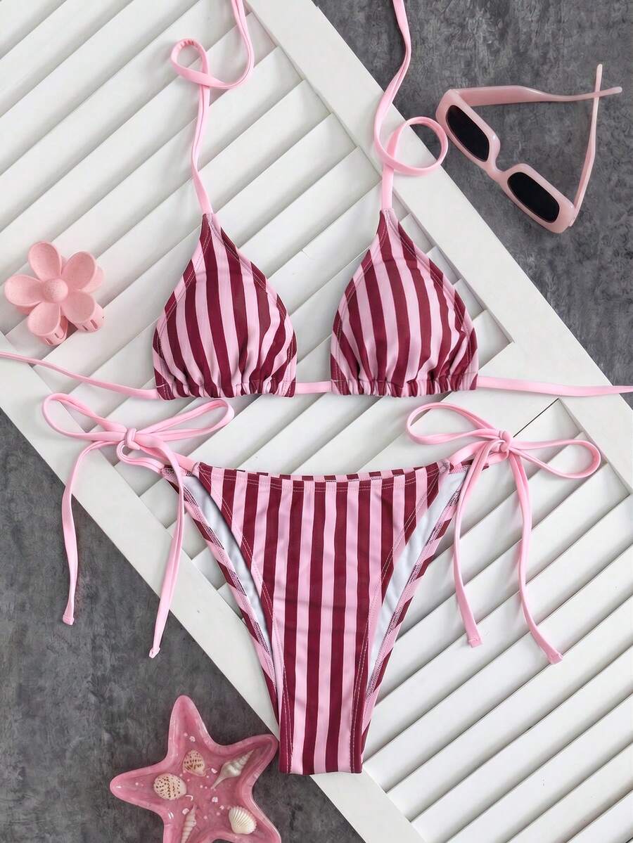 Women's high waist 2-piece triangle bikini set featuring colorblock trim, halter neckline, wireless bra with removable padding, and tie-side bottoms.
