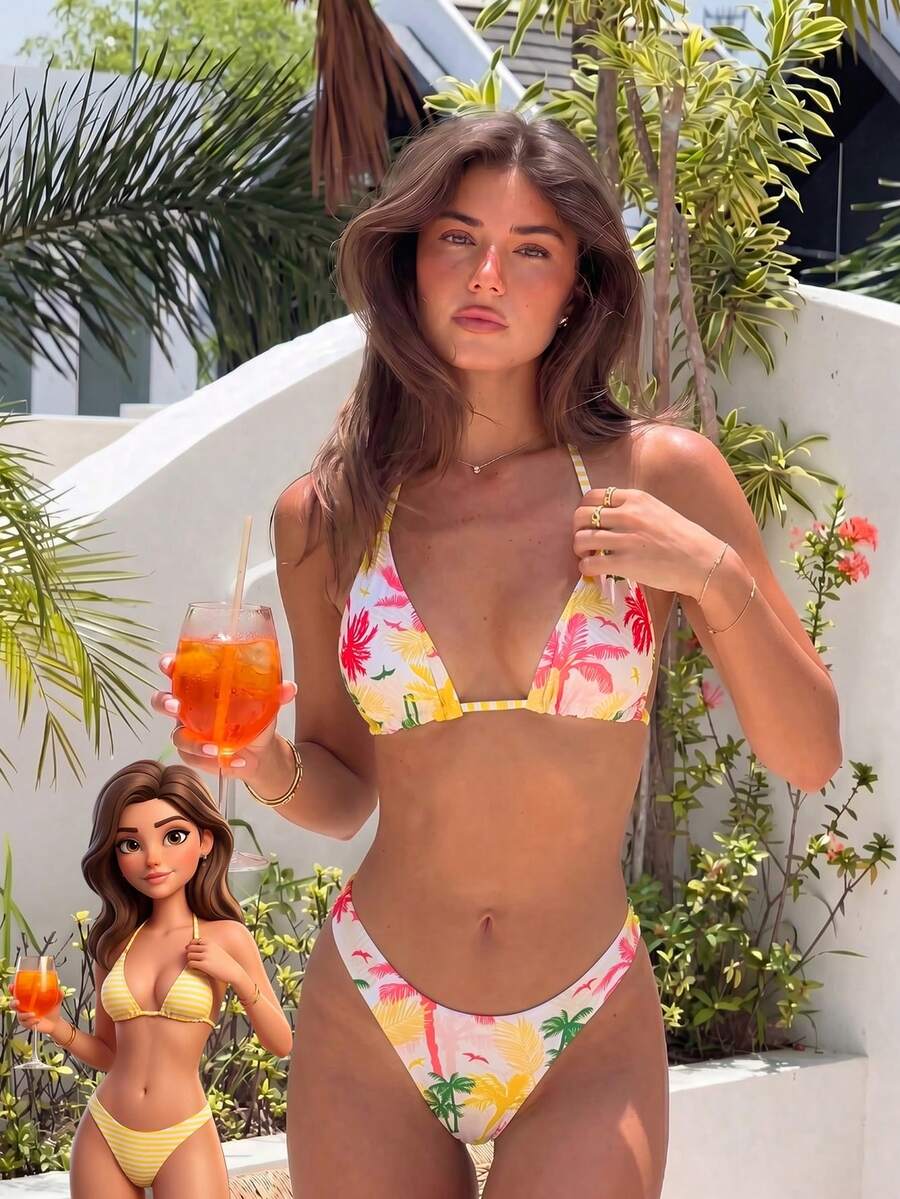 Women's two-piece halter bikini set featuring high cut thong bottoms and removable padding