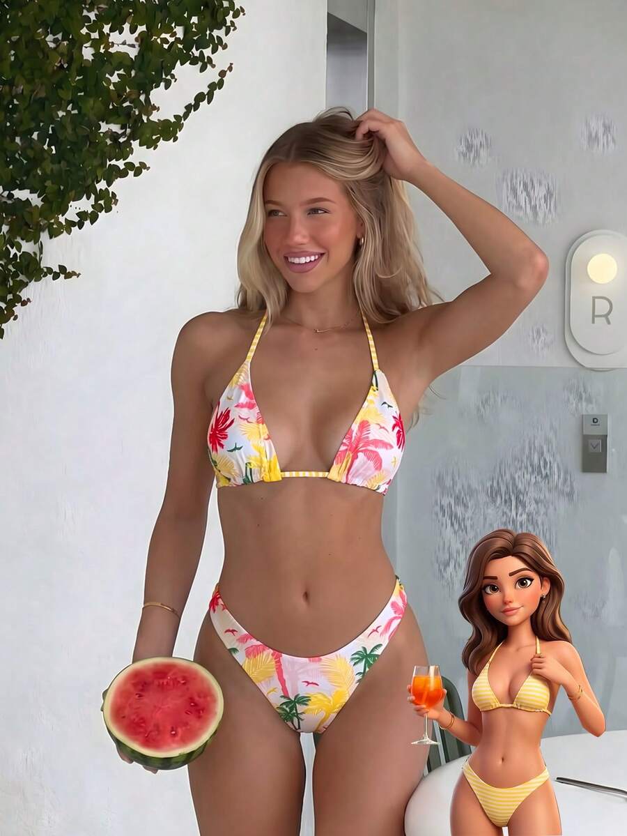 Women's two-piece halter bikini set featuring high cut thong bottoms and removable padding