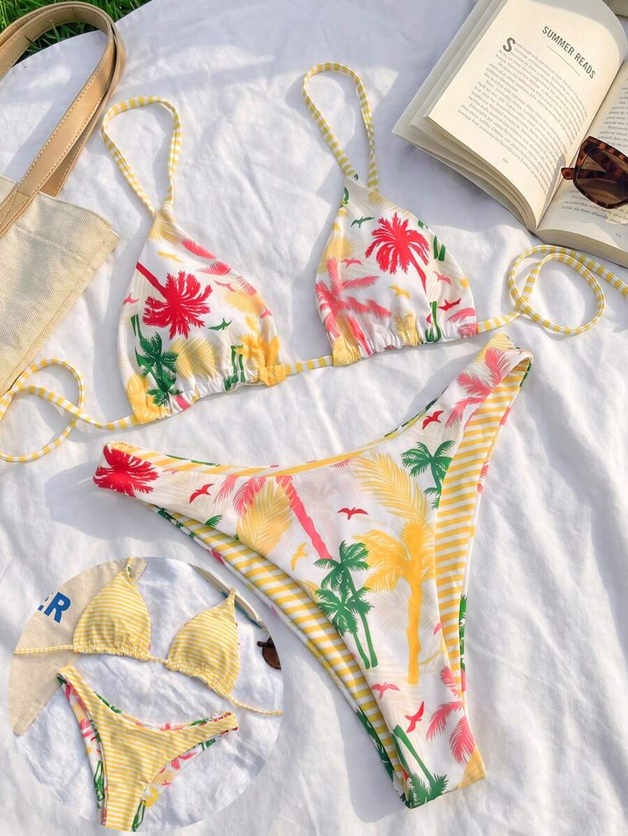 Women's two-piece halter bikini set featuring high cut thong bottoms and removable padding