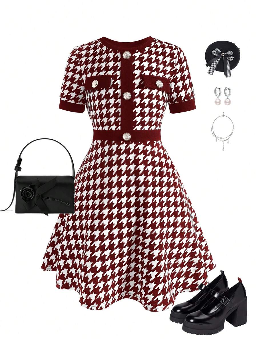 Nova Glow tween girls black and white houndstooth print short sleeve A-line dress with decorative buttons and crew neckline.