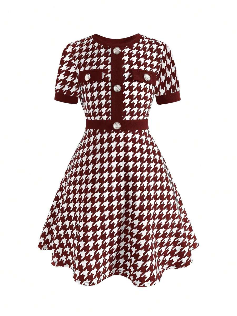 Nova Glow tween girls black and white houndstooth print short sleeve A-line dress with decorative buttons and crew neckline.