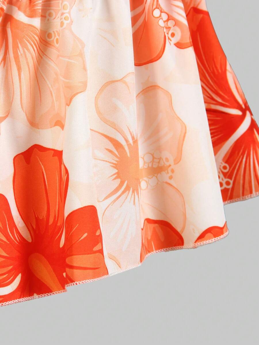 Tween girl wearing an apricot 2-piece outfit set featuring a shirred spaghetti strap short cami top and matching wide-leg long pants.