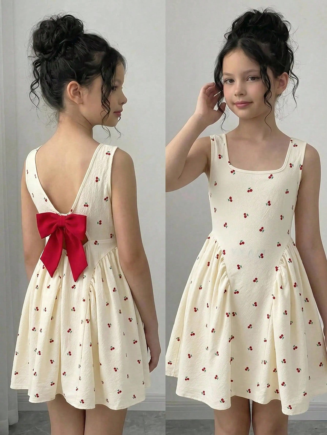 Black and white polka dot sleeveless A-line dress for tween girls featuring a scoop neck, high waist, and flared hem.