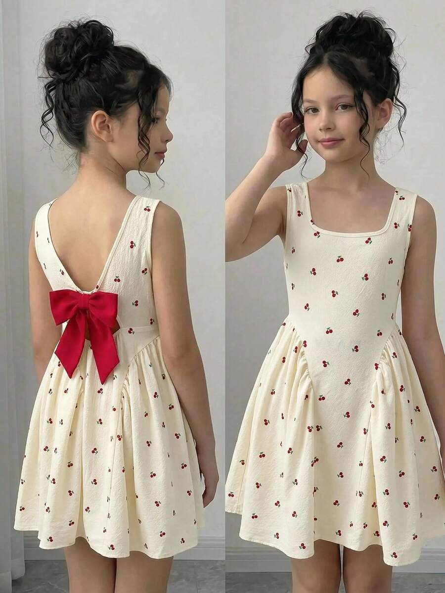 Black and white polka dot sleeveless A-line dress for tween girls featuring a scoop neck, high waist, and flared hem.