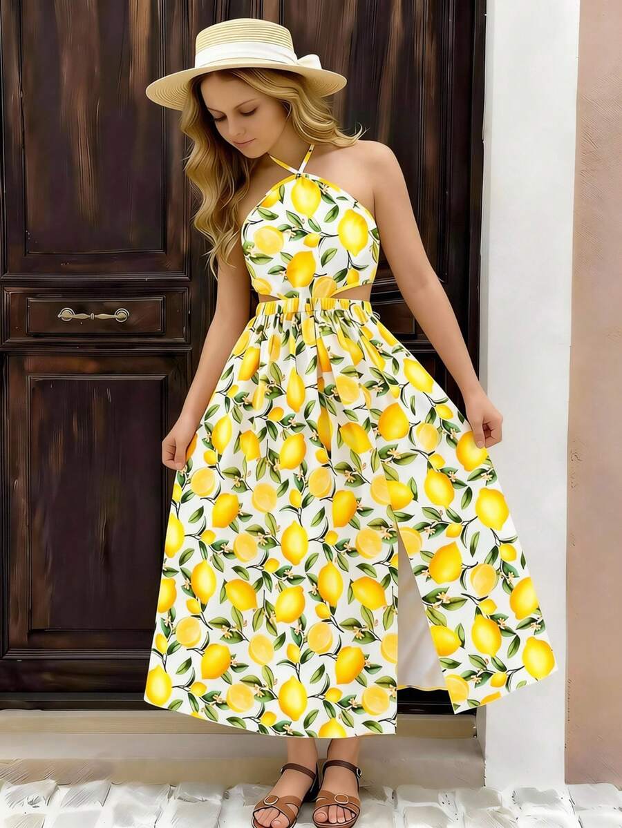 Tween girls floral halter dress with backless sleeveless design, belted high waist, shirred details, appliques, and flared A-line midi silhouette for summer vacation or graduation outfit.