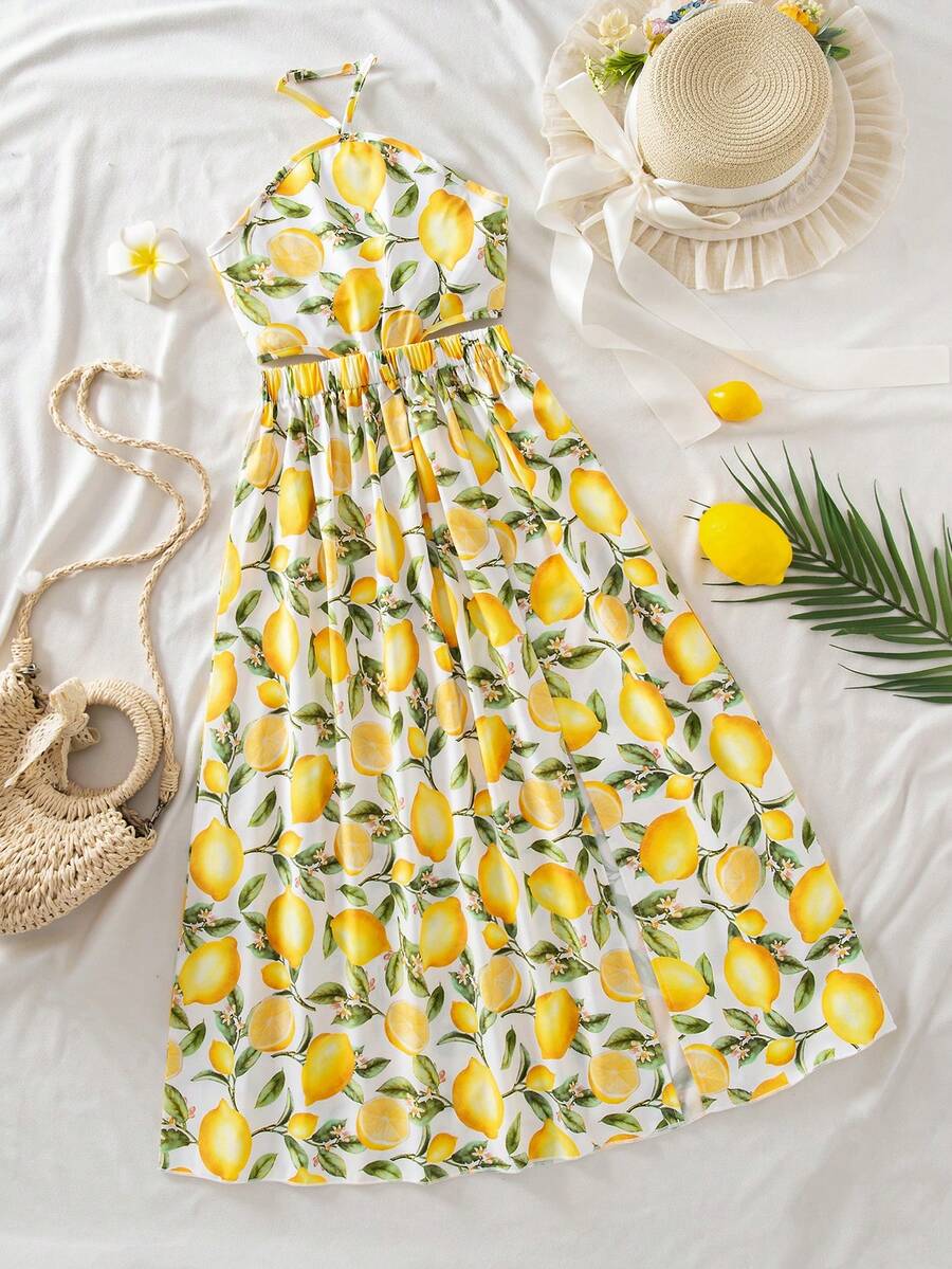 Tween girls floral halter dress with backless sleeveless design, belted high waist, shirred details, appliques, and flared A-line midi silhouette for summer vacation or graduation outfit.