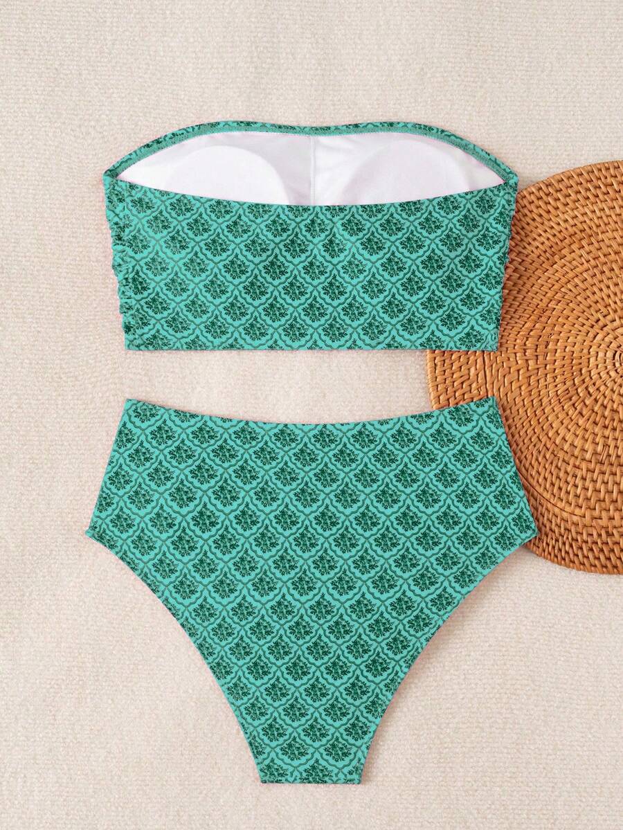 Women's black strapless ruched bandeau bikini top with high waisted bottoms