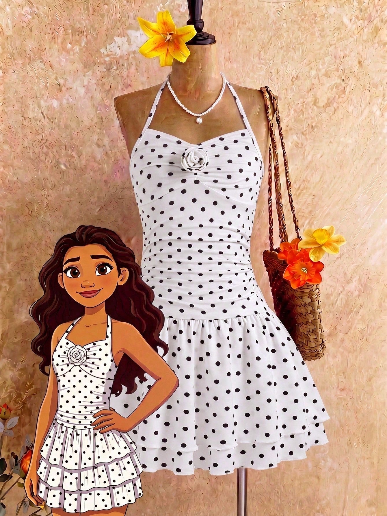 Tween girls apricot sleeveless halter mini dress with textured starfish and shell decor, shirred tiered layer, high waist, and flounce hem.
