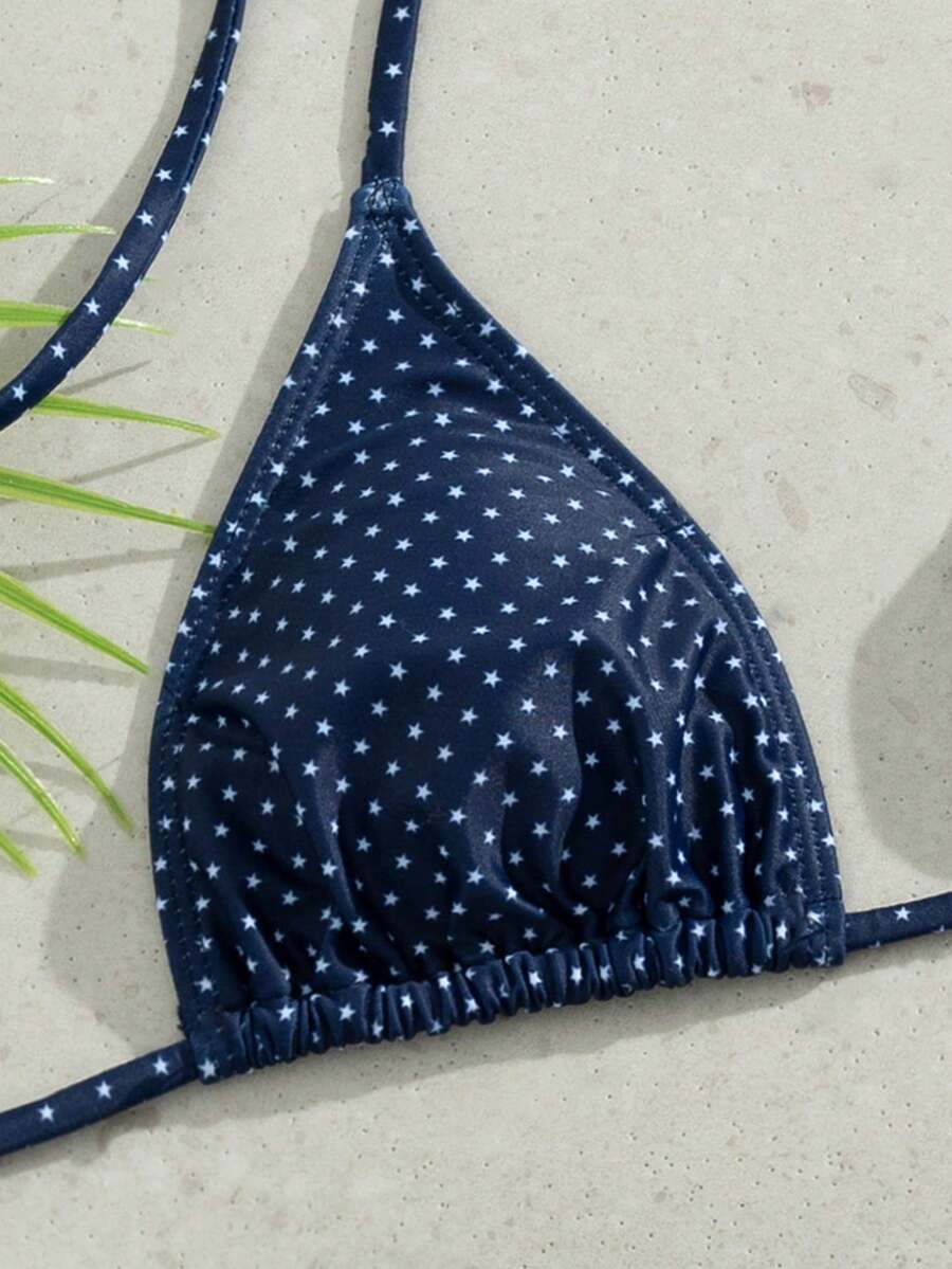 Women's striped halter two-piece swimsuit featuring a lace-up triangle top with removable padding and high-cut low-waist bikini bottoms.