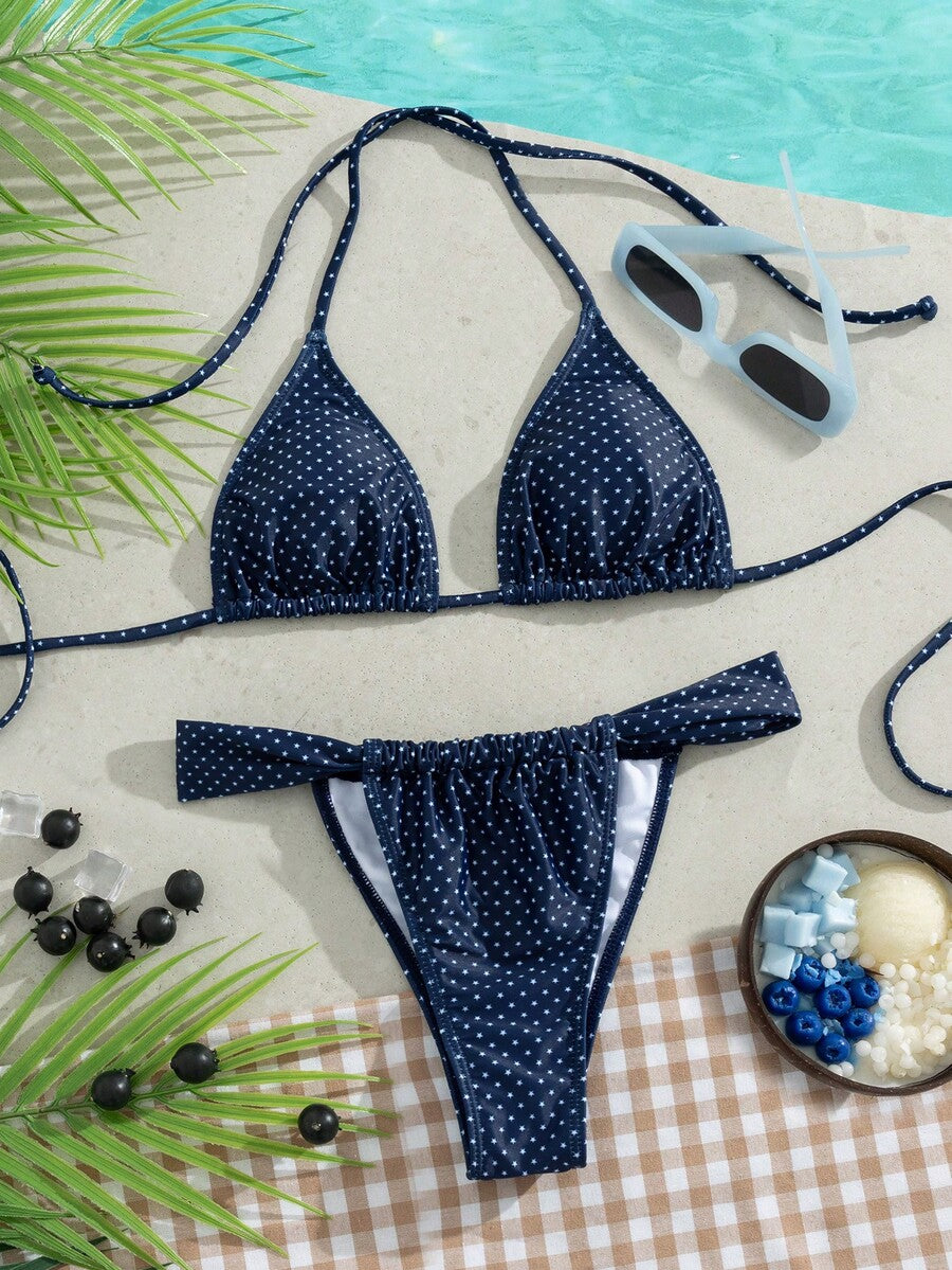 Women's striped halter two-piece swimsuit featuring a lace-up triangle top with removable padding and high-cut low-waist bikini bottoms.