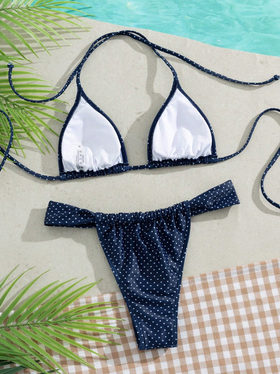 Women's striped halter two-piece swimsuit featuring a lace-up triangle top with removable padding and high-cut low-waist bikini bottoms.