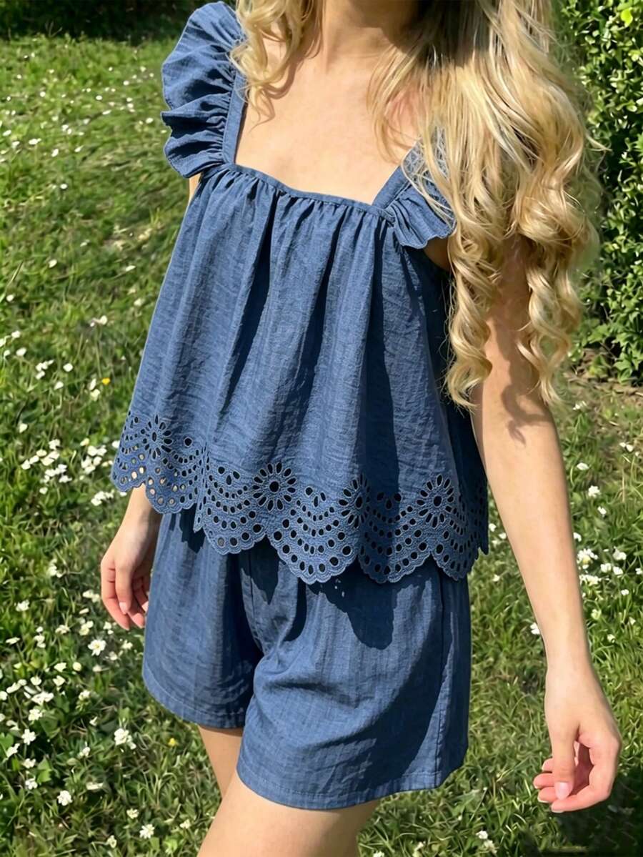 Tween girls 2-piece bohemian outfit set in apricot featuring a square neck embroidered sleeveless camisole top and matching floral wide leg shorts.