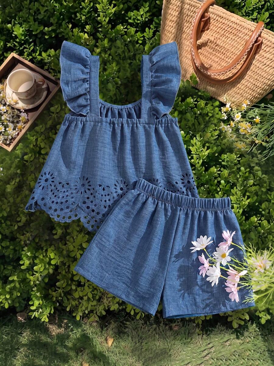 Tween girls 2-piece bohemian outfit set in apricot featuring a square neck embroidered sleeveless camisole top and matching floral wide leg shorts.