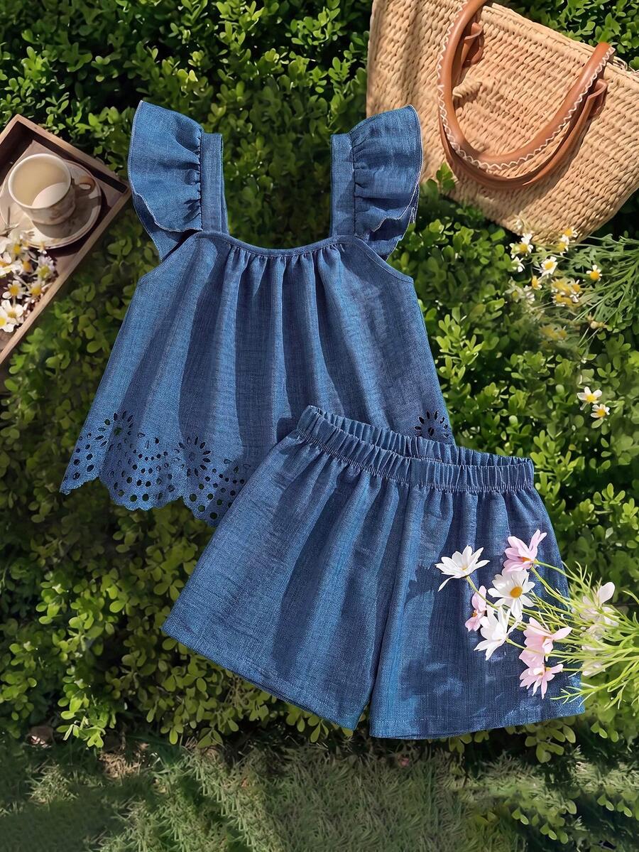 Tween girls 2-piece bohemian outfit set in apricot featuring a square neck embroidered sleeveless camisole top and matching floral wide leg shorts.