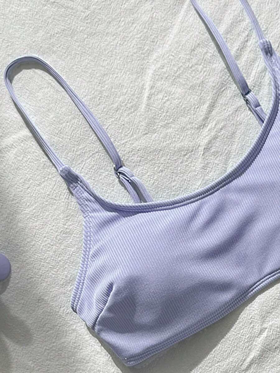 Apricot ribbed high waist two piece bikini swimsuit set for women featuring backless spaghetti strap top and high waisted bottoms.