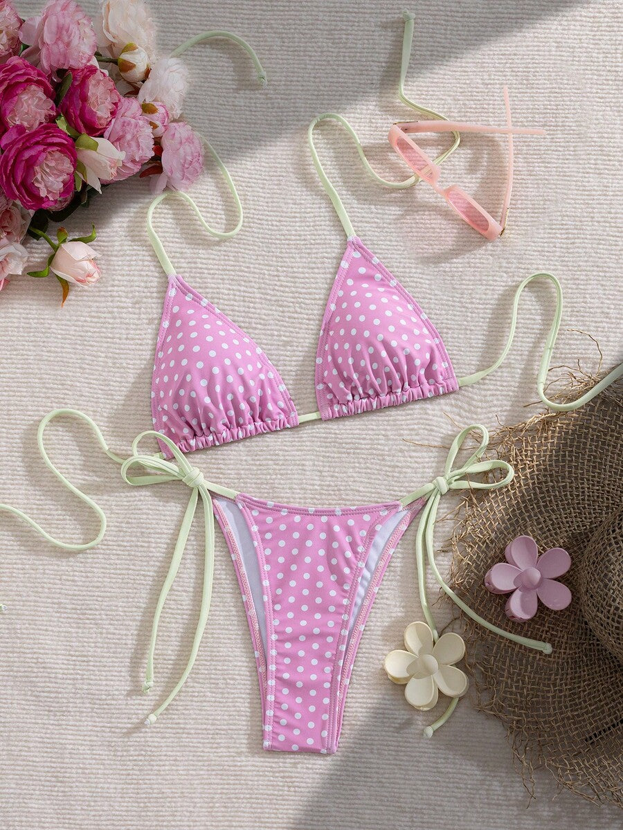 Women's 2-piece halter bikini set featuring geometric print, triangle cups with removable padding, and side tie bikini bottoms