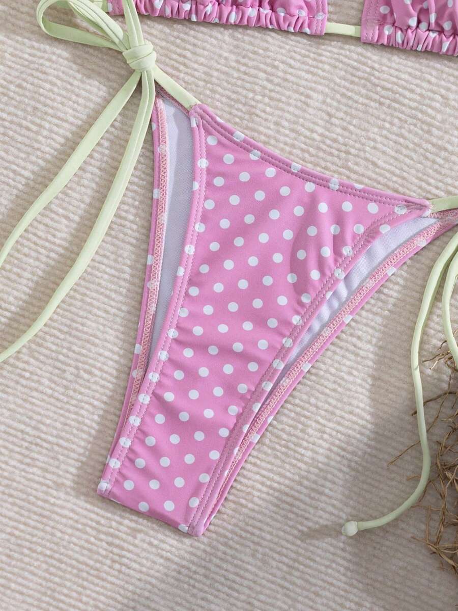 Women's 2-piece halter bikini set featuring geometric print, triangle cups with removable padding, and side tie bikini bottoms