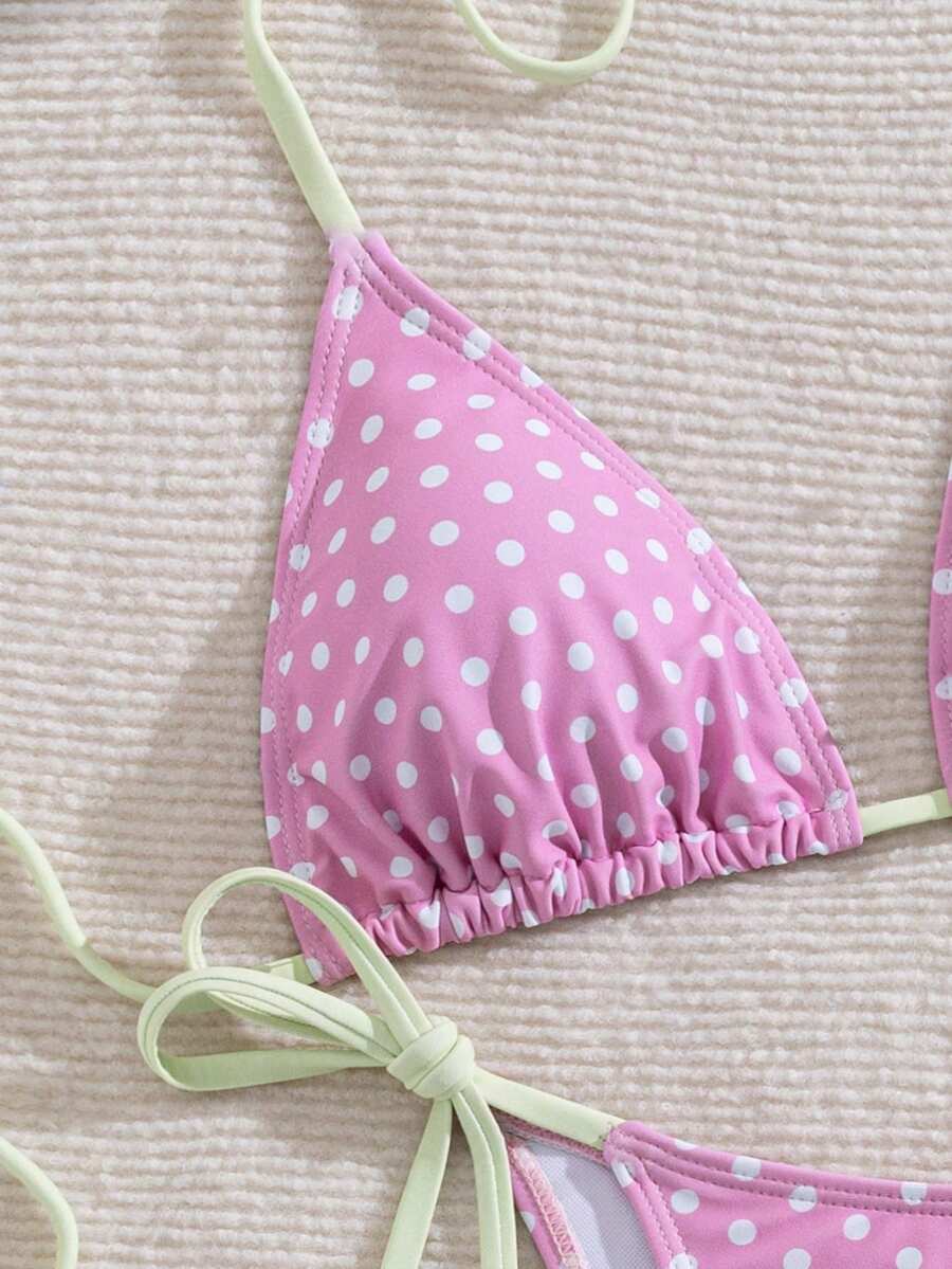 Women's 2-piece halter bikini set featuring geometric print, triangle cups with removable padding, and side tie bikini bottoms