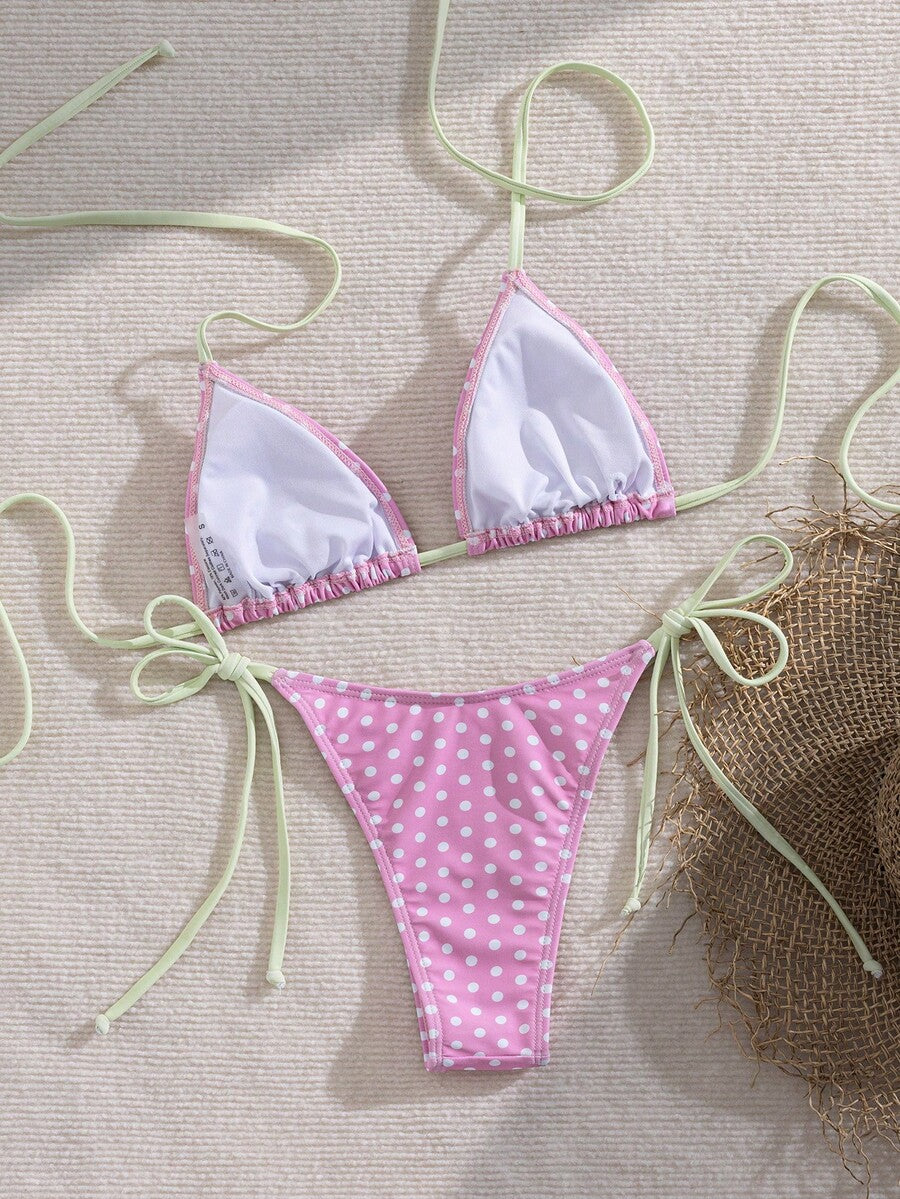 Women's 2-piece halter bikini set featuring geometric print, triangle cups with removable padding, and side tie bikini bottoms