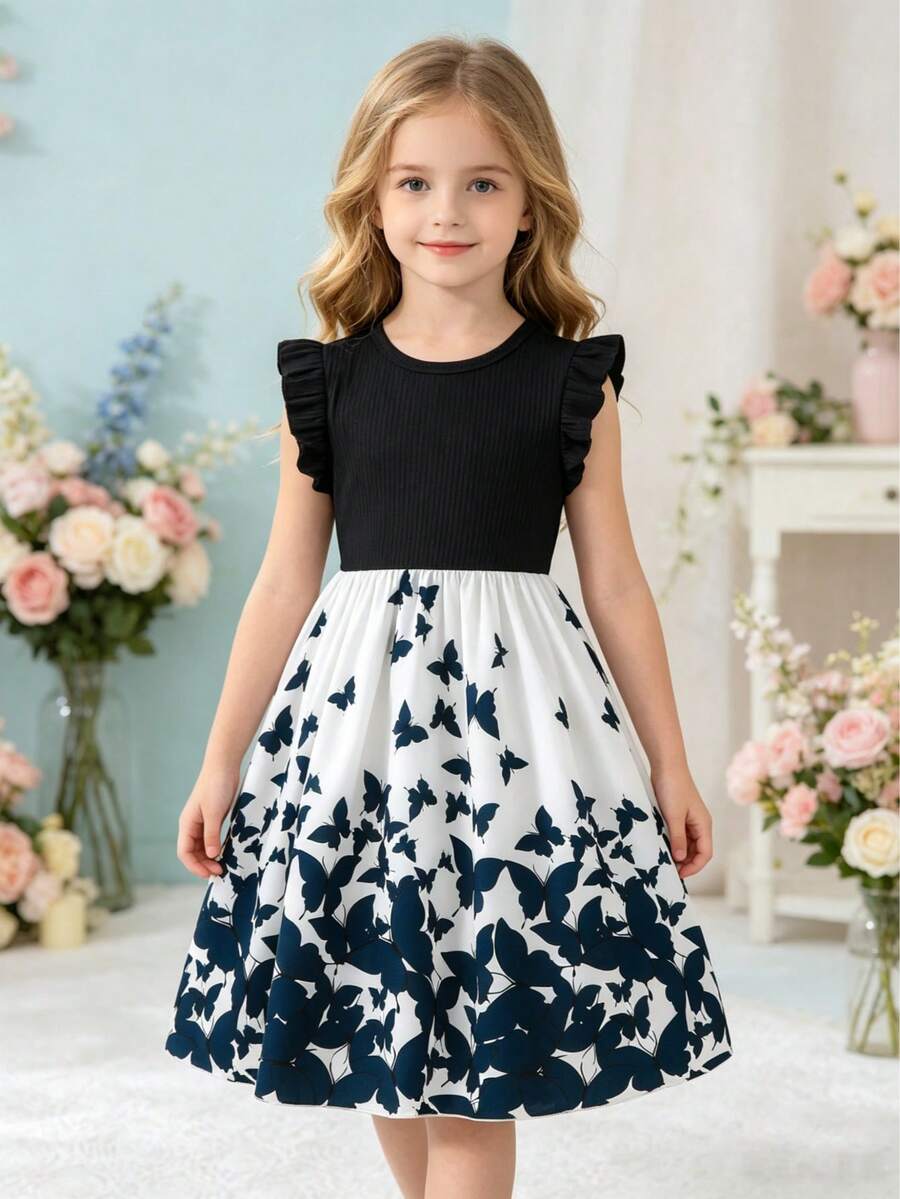 Tween girls blue floral print A-line midi dress featuring round neck, ruffle and contrast mesh details, high waist, and flared hem.