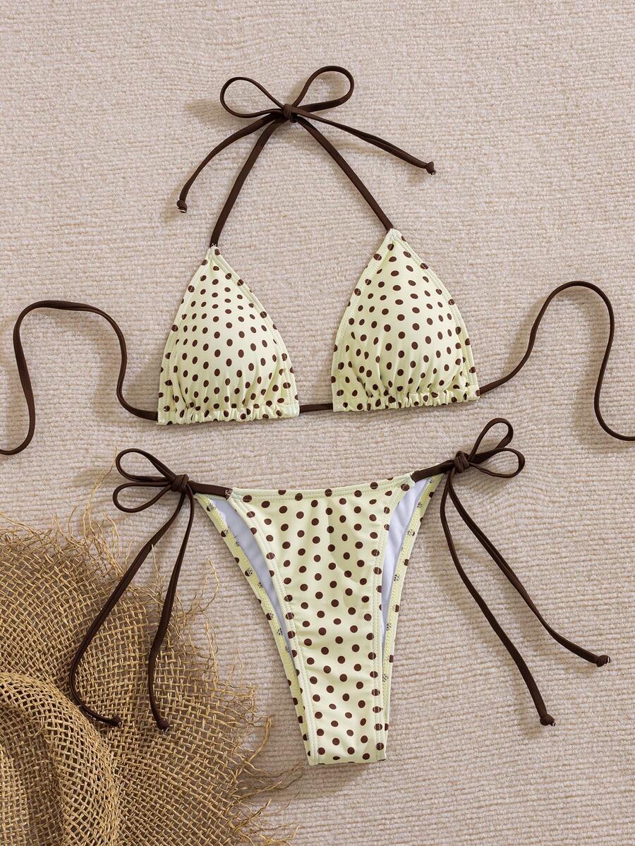 Women's 2-piece halter bikini set featuring geometric print, triangle cups with removable padding, and side tie bikini bottoms