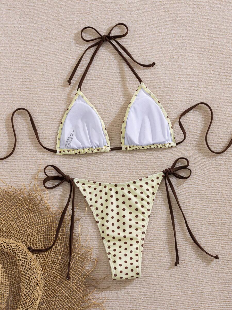 Women's 2-piece halter bikini set featuring geometric print, triangle cups with removable padding, and side tie bikini bottoms